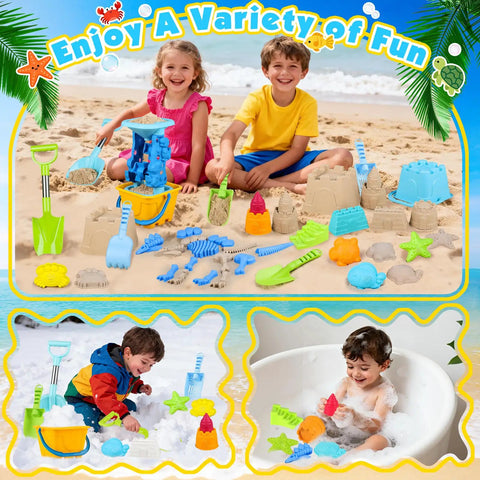 Kids playing with Kiddo Friendly 28 Piece Beach Sand Toys Set for Kids Toddlers Ages 3 10 on the beach with molds and shovels.