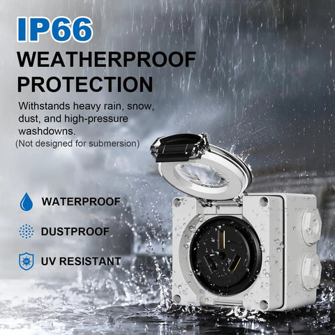 Pro Level Nema 10-50R Power Outlet Box 50 Amp 125-250V ETL Listed with IP66 weatherproof protection against rain and dust.