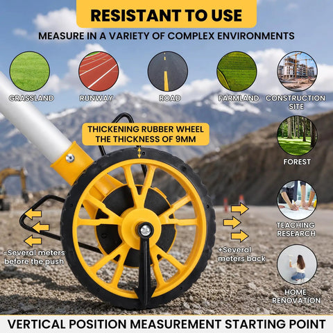 Heavy Duty Digital Measuring Wheel With Backlit Display And Folding Rollers For Surveying And Construction showing thick rubber wheel on gravel.