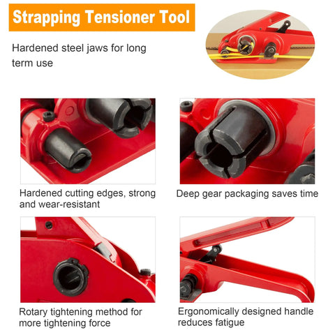 Close-up of Beefy Heavy Duty Poly Strapping Tensioner And Cutter Handheld Banding Tool details in eight-pack kit.