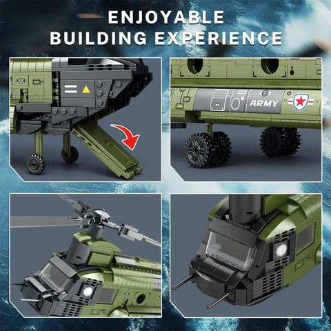 Close-up collage of CH-47 Military Helicopter Building Set For Adults And Kids highlighting features like wheels and cockpit.