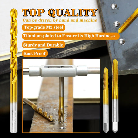 12 Piece SAE Drill And Tap Kit With Tap Wrench For Metalworking Pro Grade and heavy duty setup with titanium drill and tap