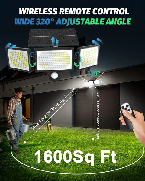 Workhorse Solar Flood Lights With 3000 Lumens Super Bright Motion Sensor And Handy Remote Large Panel IP67 showing adjustable angle and sensing range.