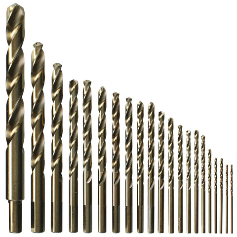 Cobalt Drill Bit Set, 21 Piece With Case, Three Flat Shank, For Stainless Steel, Cast Iron, Titanium, Aluminum, displayed in a row