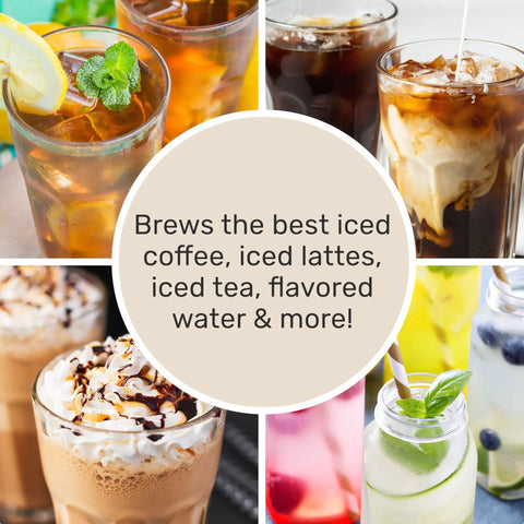 Generous 3 Quart White Stainless Steel Iced Tea And Cold Brew Coffee Brewing Pitcher With Adjustable Strength Dial and drinks in various glasses.