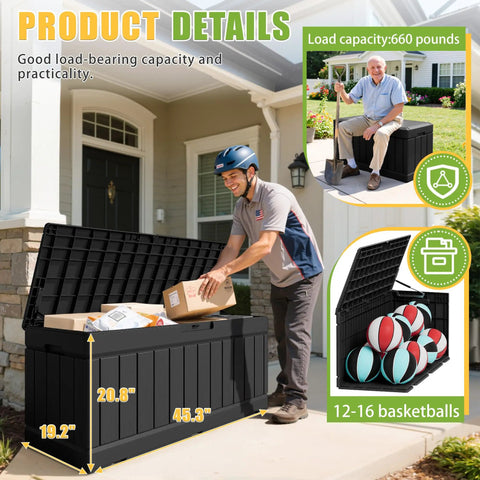 82 Gallon Outdoor Storage Box With Lid For Patio Backyard Gear Garden Tools Pool Supplies Waterproof UV Resistant Lockable Weatherproof Storage Bin Black with open lid showing boxes inside.