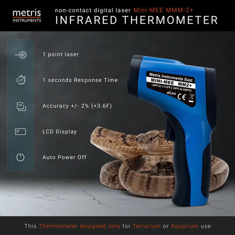 Digital Infrared Thermometer Gun With 12 To 1 Distance To Spot Ratio Laser Aiming For Aquarium Terrarium Reptile Snake Enclosures And Automotive Use Lightweight Handheld Temp Tool With Fast Accurate Surface Readings, blue handheld unit next to snake
