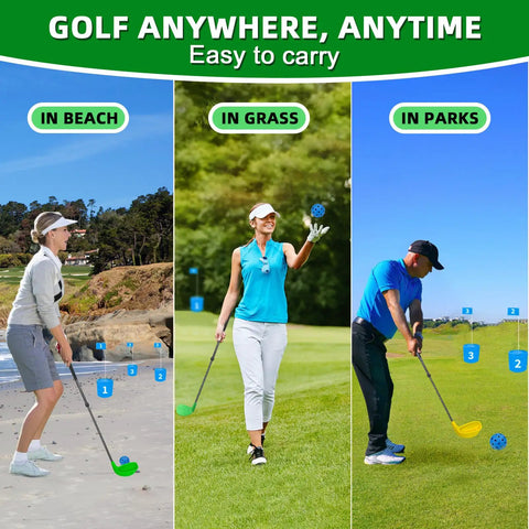 Golfers using Two Pack Adjustable Golf Club Set 23 To 39.5 Inch Length For Backyard Golf Fun Chipper on beach, grass, park