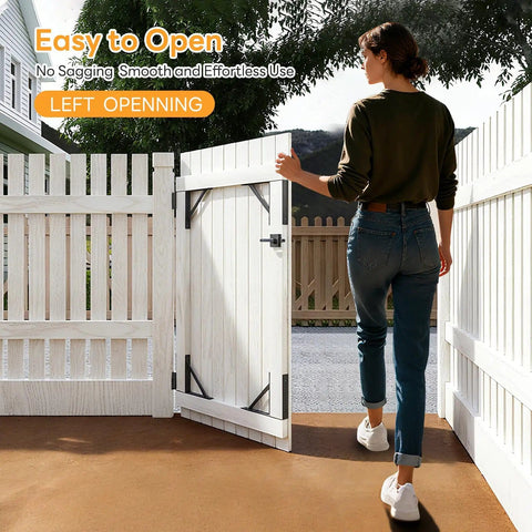 Woman opening a white wooden fence gate using a Heavy Duty Anti Sag Gate Kit With Left Opening Latch And Adjustable Bracket Gate Frame Hardware