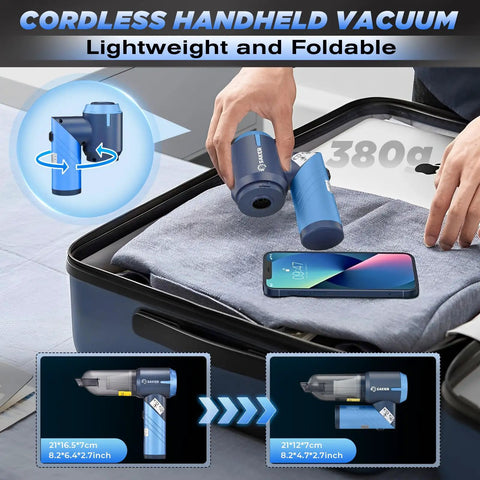 Cordless Portable Car Vacuum Cleaner With 17000 Pa Power 3 In 1 Vacuum Blow Inflate Handheld, folded in suitcase with phone