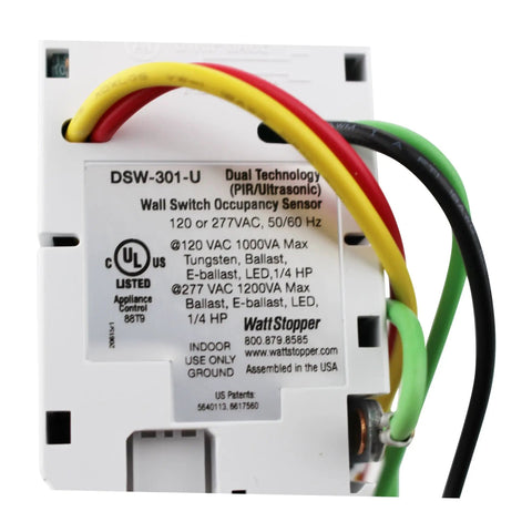 Back view of DSW-301-W-U Dual Tech Wall Switch Occupancy Sensor for 120/277VAC Lighting with wiring and labels visible.
