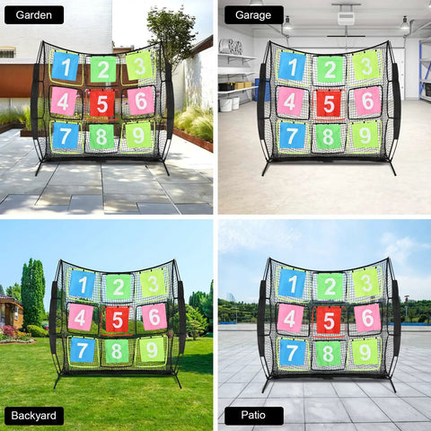 Portable Disc Golf Training Net With Nine Target Grids For Backyard Indoor Outdoor Practice in various settings, 7 by 7 feet
