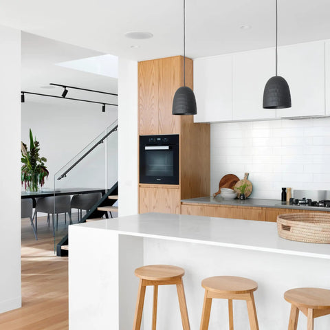Modern kitchen with white countertops and X-Large Peel And Stick Backsplash Tiles, 5 Sheets Of 22.56 By 10.88 Inches on wall.