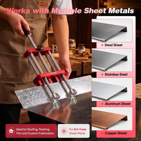 Two Station Sheet Metal Bender Roller Tool For 0 To 100 Degree Bends, 7 Inch Rolling Axis, Portable Roofing Metal Fabrication Tool With Adjustable Depth Gauge, Red Finish For Clean Profiles And Easy Eave Work, shown bending steel sheet