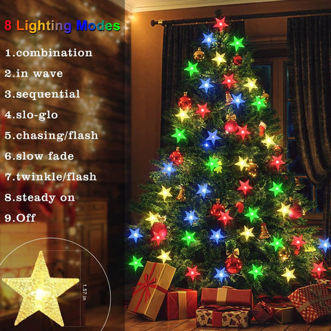 Star Shaped String Lights Battery Powered 13ft 40LED Fairy Lights on Christmas tree with listed 8 lighting modes.