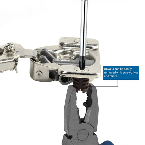 Heavy Duty Soft Close Cabinet Hinges For Face Frame, 1 1/4 Inch Full Overlay Concealed Mount, 105 Degree Swing With Six Way Adjustability, showing dowel removal tools.