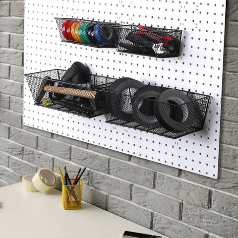 Pegboard Baskets Set Four Large Steel Wire Baskets For Garage And Workshop Organization Wall Mounts with tools and tapes