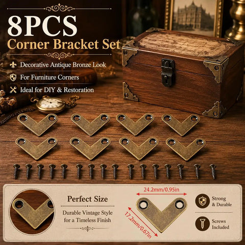 Upgrade Your DIY Builds With These 8 Piece Bronze L Shaped Corner Brackets Built Tough For Rust Resistance And Lasting Strength Ideal For Vintage Home Decor And Reliable Furniture Fastening Needs. 8-piece bronze corner bracket set with screws, ideal for furniture corners.