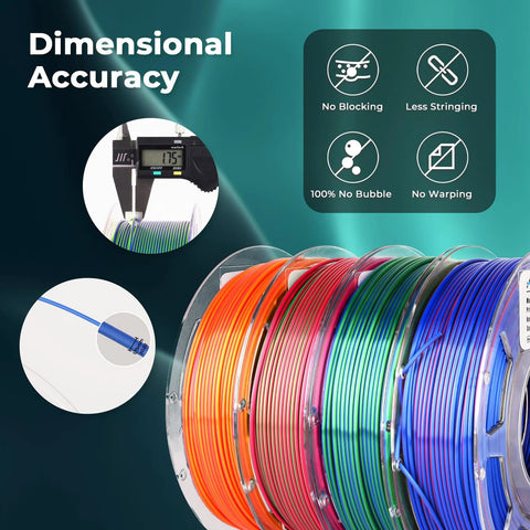 AMOLEN Silk PLA dual-color 1.75mm filament bundle, 4 spools (200g each) in rainbow colors.