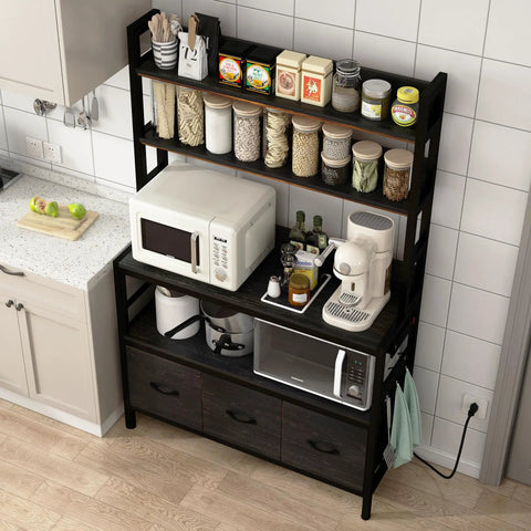 Hella Sturdy Five Tier Kitchen Bakers Rack With Built In Power Outlets And Usb Charging Ports, Industrial Metal Storage Shelf With Baskets And Hooks A Serious Game Changer For Countertop Setup Black, top view showing microwave and jars.