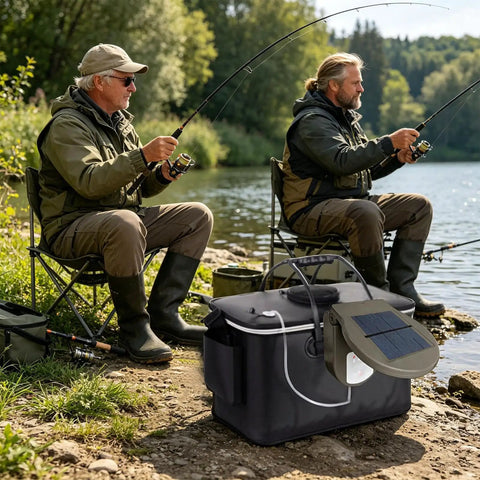 Solar Powered Pond Aerator With 2600mAh USB Rechargeable Battery Clip On Bubbling System near lake with two fishermen.