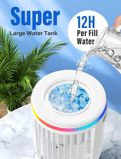 Pouring water into Personal Mini Air Conditioner Fan With 1200ml Water Tank 4 In 1 Evaporative Cooler, with RGB lights visible