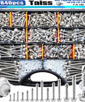 840pcs 410 Stainless Steel Self Tapping Screws Kit for Metal, Sizes #8 #10 #12 #14 in Portable Case with Rubber Washers