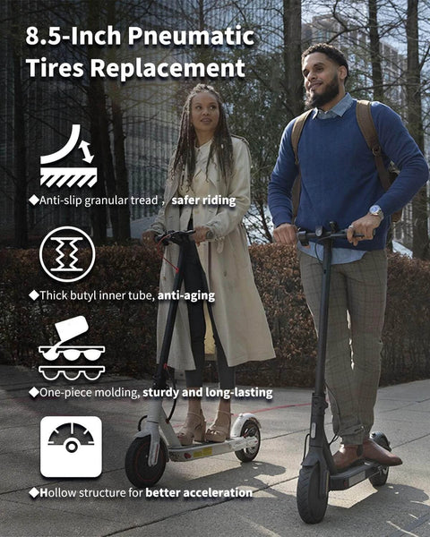 Two people with electric scooters showing 8.5 Tire Tube 50/75-6.1 Scooter Tire Replacement features like anti-slip tread and butyl inner tube.