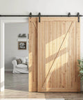 8 Feet Bypass Sliding Barn Door Hardware Kit for Double Wooden Doors with Single Track, installed in 84 inch door opening