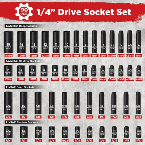 1/4" Drive Impact Socket Set 90 Piece with Metric and SAE sizes, showcasing deep and shallow sockets, labeled sizes visible
