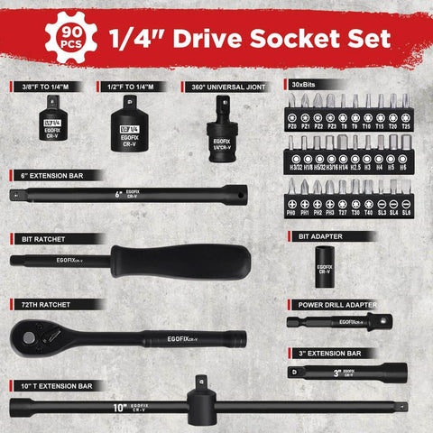 1/4" Drive Impact Socket Set 90 Piece, Metric Socket (4-15mm) and Standard SAE Size (5/32-9/16 inch) with 72-Teeth Ratchet layout