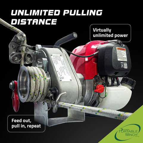 Kickass Gas Powered Capstan Winch Packing A Hella Tough 2200 Pound Pull Capacity For No Stress Towing And Rigging Ultra Lightweight Recovery Machine showing pulling distance and power.