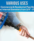 Heavy Duty Pull Line Blower For 3/4 To 2 Inch Conduit, shown in use for pipe work with leader rope and connector.