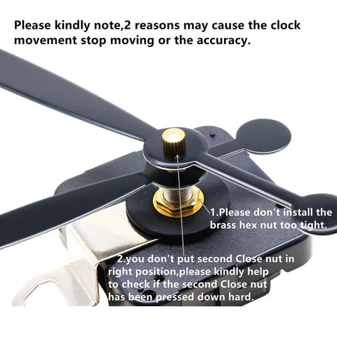 Detailed view of Quartz Wall Clock Movement Replacement Kit Battery Powered With High Torque Drive, showing spade hands and nut advice.