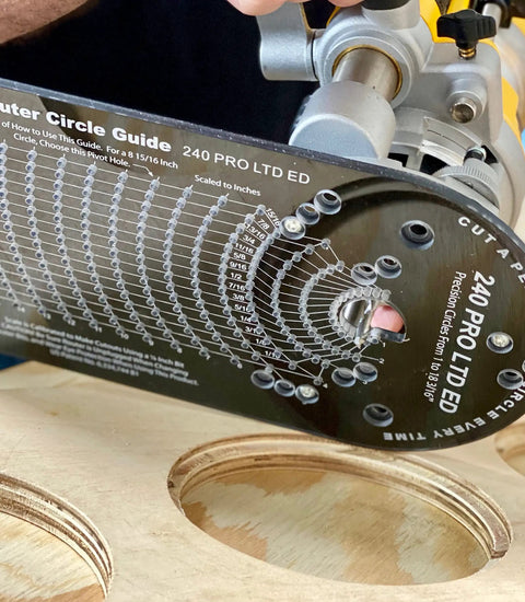 Pro Circle Cutter Kit For Routers Delivers Precise Circles from 1 Inch to 18 3/16 Inches with carbide bit in action on wood