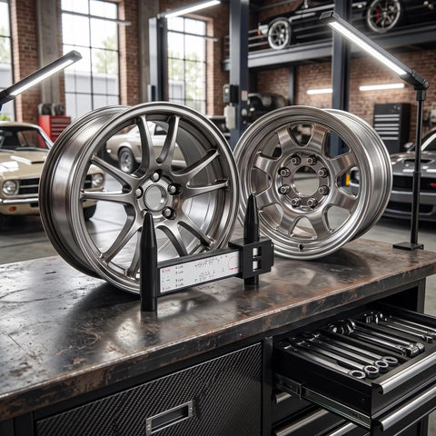 Universal Wheel Bolt Pattern Measuring Tool PCD Gauge For 4 5 6 8 Lug Rims with rims displayed in a workshop setting.
