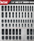 Impact Socket Set 123 Piece With 1/4 And 3/8 Inch Drives, Deep And Shallow Sockets, 6 Point Metric And SAE, socket layout display