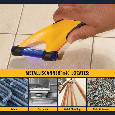 Built Different Electronic Metal Detector With Pinpoint Sweep for Nails and Fasteners scanning floor tile for hidden metals.