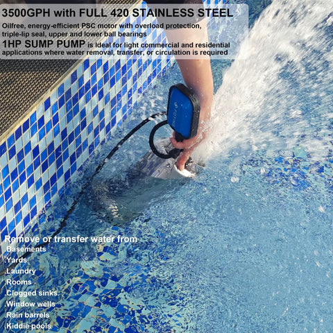 Person using 1HP Submersible Sump Pump With Float Switch Auto And Manual Modes 3500 GPH Stainless Steel Construction in pool