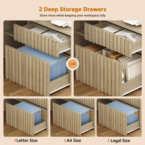 Drawers of Workhorse L Shaped Standing Desk With Drawers And Cabinet Electric Height Adjustable Corner Desk, showing storage capacity for letter, A4, and legal size files.