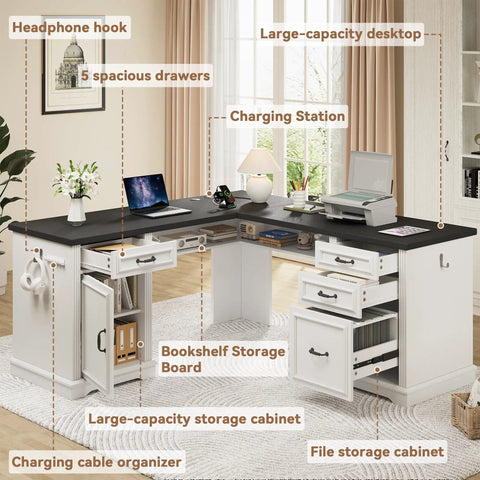 L Shaped Executive Desk With Four Drawers And Charging Station, Wood Corner Home Office Computer Desk, shown with cabinets open