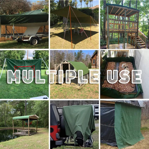 Heavy Duty Canvas Tarp 10x12 Feet With Rustproof Aluminum Grommets used for diverse outdoor setups and gear protection.