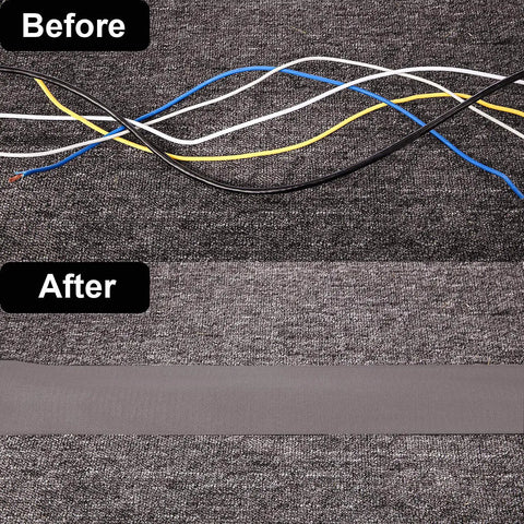 Before and after of Two Pack 10 Ft Cable Floor Strip Cover With Hook And Loop Tape To Hide And Manage Wires On Carpet Or Floor Prevent Trip Hazards Gray