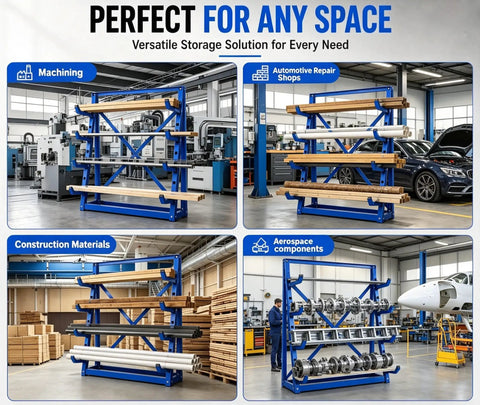 Beast Mode Cantilever Storage Rack Four Tier Steel Frame Supports Two Thousand Four Hundred Pounds for lumber and pipes in workshop.