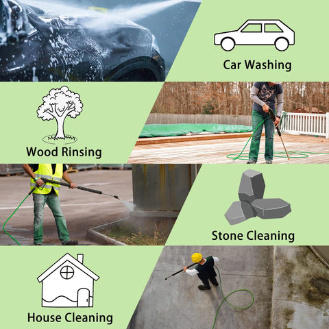 PWACCS 50 ft pressure washer hose, 1/4 in, kink-resistant, shown in collage of car, wood, stone and house cleaning