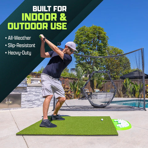 Man practicing on Golf Hitting Mat 5x4 Ft With Premium 15 Mm Artificial Turf next to golf net in sunny backyard.