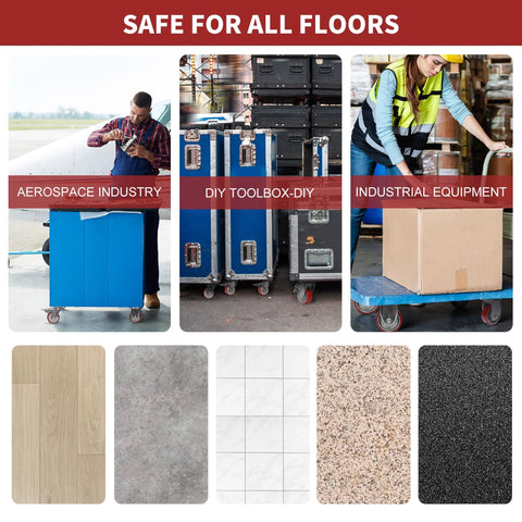 heavy duty caster wheels with brakes for all floors, used in aerospace, DIY, and industrial settings, showing different flooring types