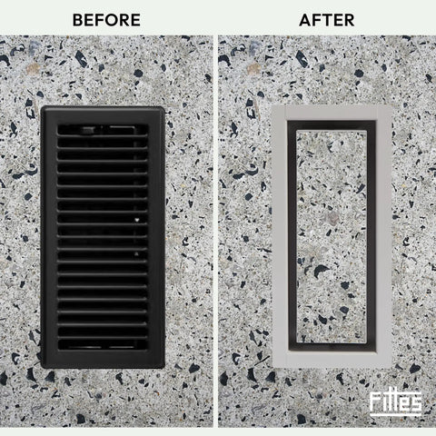 Before and after image of a Framed Floor Vent Luxe Upgrade With Matte Black Steel Frame Sleek Minimalist Look on stone surface.