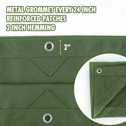 Close-up of 10x12 Heavy Duty Canvas Tarp with rustproof aluminum grommet every 24 inches and reinforced patches, 2 inch hemming.