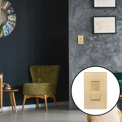 Gold 3 Way Decorator Paddle Light Switch DIY Friendly Single Pole Or Three Way mounted on gray wall, living room view.